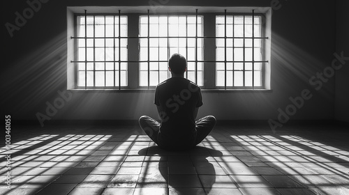 Lonely man meditating in front of a window with bars