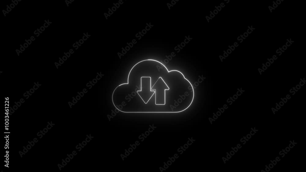 Upload icon symbol, cloud icon and neon line upload arrow icon animation on black background. Glowing Laptop with Cloud and Arrow Icon on Black Background Upload icon symbol, cloud icon and neon line upload arrow icon animation on black background. Glowing Laptop with Cloud and Arrow Icon on Black Background
