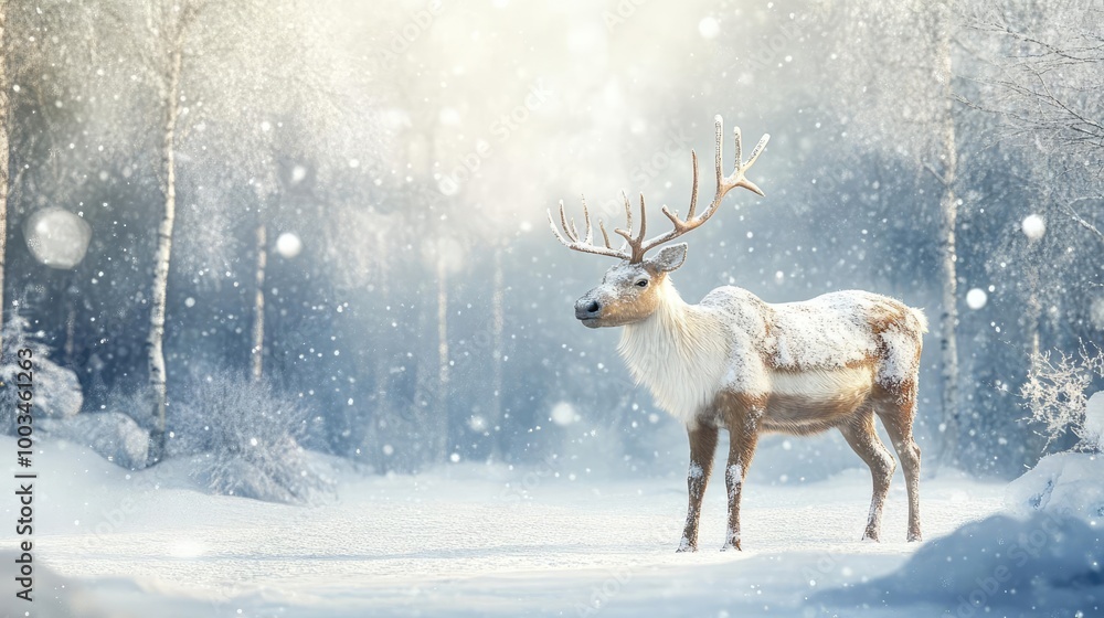 A majestic reindeer stands in a snowy landscape, surrounded by softly falling snow and serene winter scenery. A majestic reindeer stands in a snowy landscape, surrounded by softly falling snow and serene winter scenery.