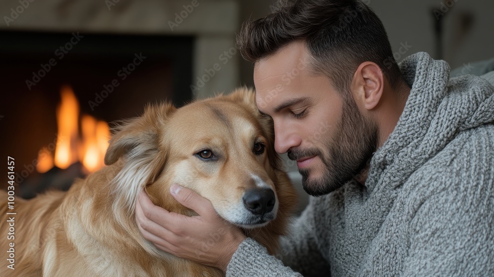 Man cuddles dog by fireplace in cozy indoor setting. Man cuddles dog by fireplace in cozy indoor setting.