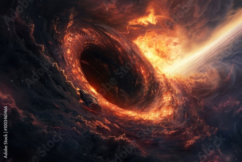 Cosmic Devourer, an intense visual of a black hole engulfing a spaceship, showcasing swirling cosmic energy, vivid colors, and a dramatic interplay of light and shadow.