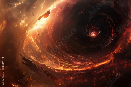 Cosmic Devourer, a dramatic digital illustration depicting a black hole consuming a spaceship, showcasing swirling cosmic energy and the inevitable pull of gravity.