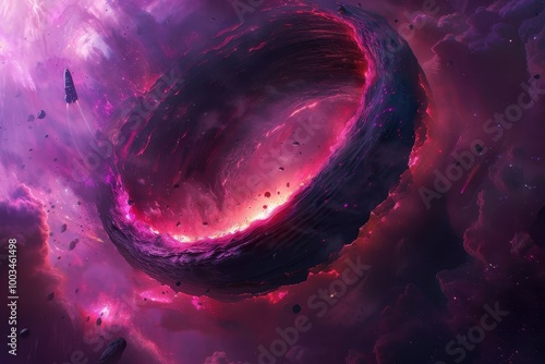Cosmic Devourer, a dramatic portrayal of a black hole consuming a spaceship, showcasing swirling cosmic forces and the tension of impending destruction in a vivid digital landscape.