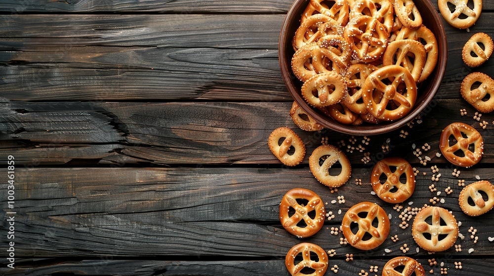 Flat Lay of Delicious Pretzel Crackers and Salty Sticks on a Wooden Table Flat Lay of Delicious Pretzel Crackers and Salty Sticks on a Wooden Table