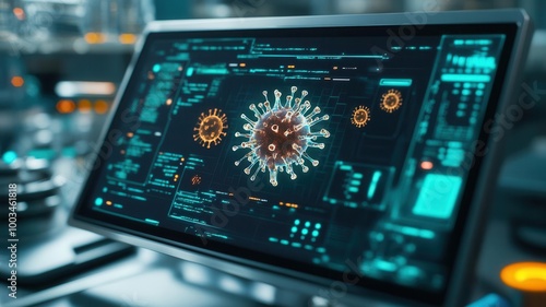 Wallpaper Mural Flu treatment algorithm, holographic interface, dark high-tech lab, digital virus mapping Torontodigital.ca