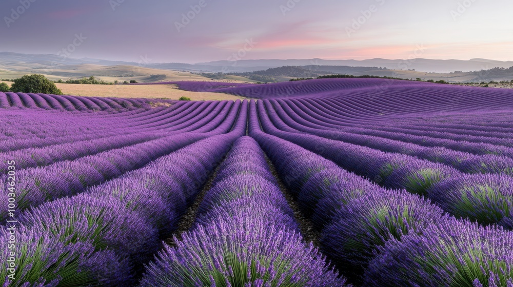 Lavender fields at sunrise with rows of purple flowers under a serene sky. Lavender fields at sunrise with rows of purple flowers under a serene sky.