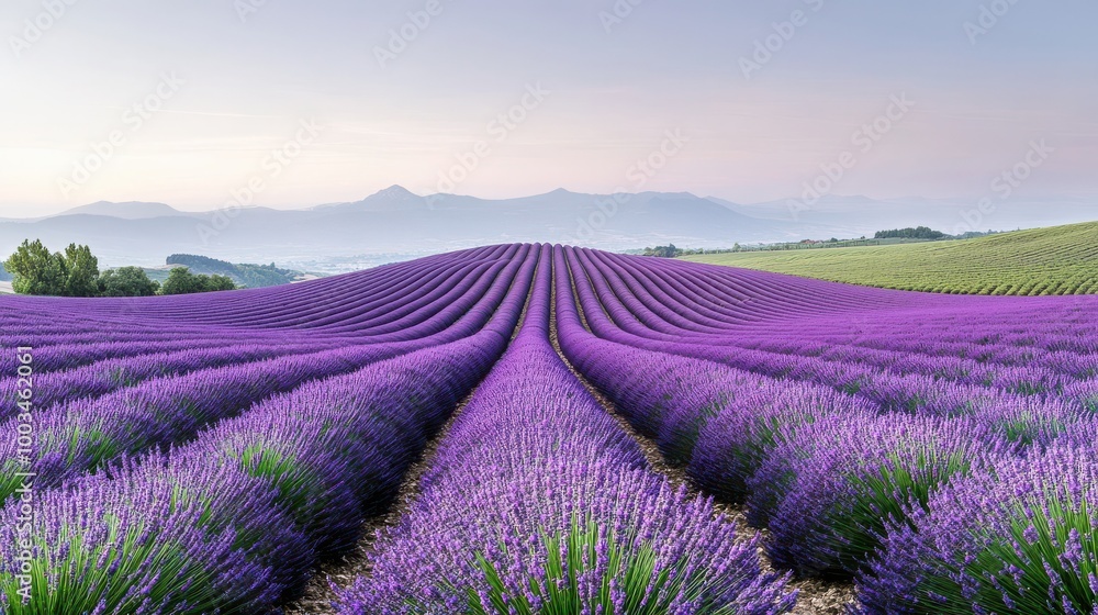 Obraz premium Lavender field, vibrant purple blooms, clear sky, lush green hills.