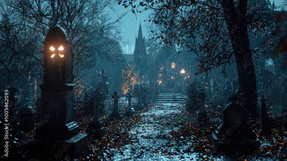 A Rainy Night in a Gothic Graveyard with Illuminated Tombstones A Rainy Night in a Gothic Graveyard with Illuminated Tombstones