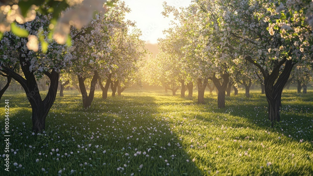 A sunlit meadow with blooming trees and a grassy ground A sunlit meadow with blooming trees and a grassy ground