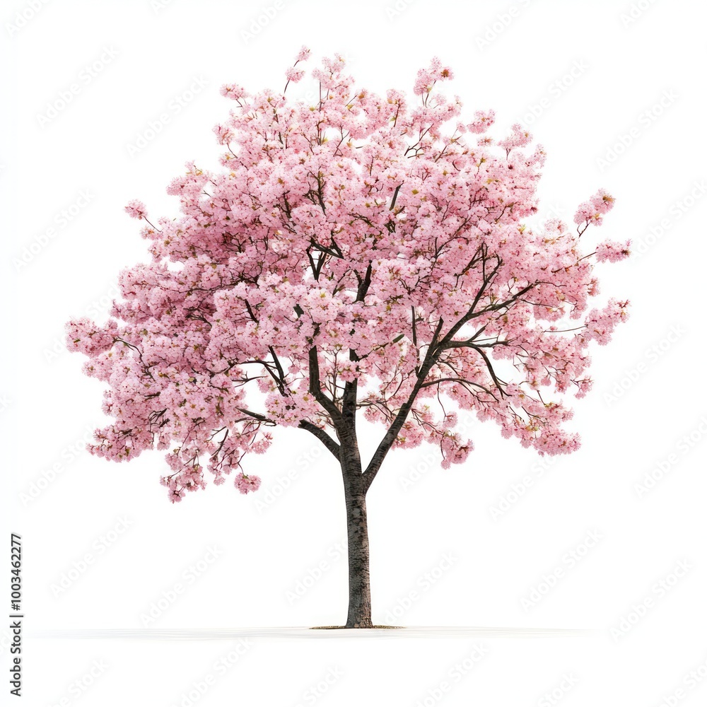 Obraz premium A cherry blossom tree in full bloom, isolated on a clean white background, showcasing its delicate pink flowers