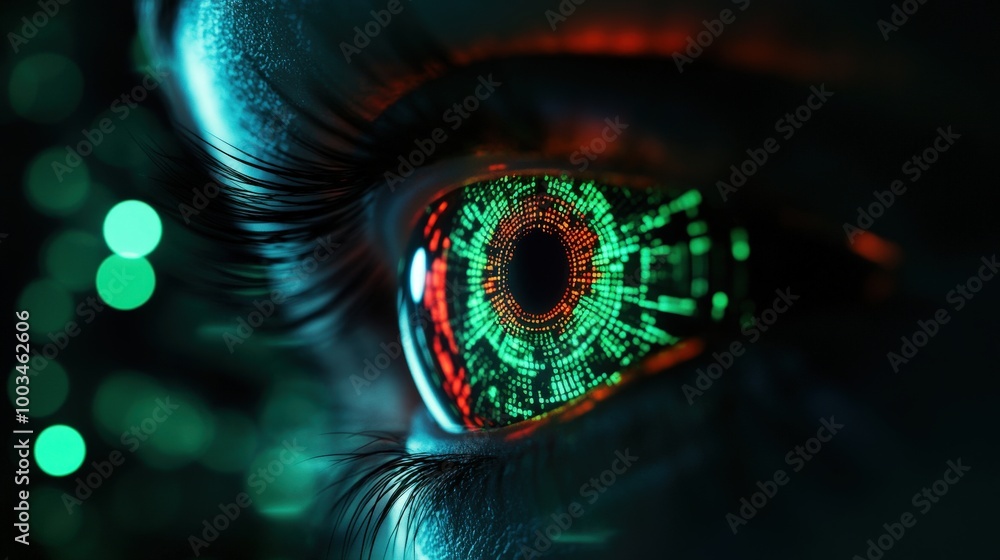 Naklejka premium Close-up of a futuristic eye with digital patterns in vibrant colors.