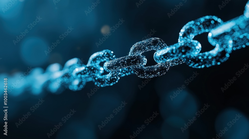 Close-up of a metallic chain with a blue background and bokeh effects. Close-up of a metallic chain with a blue background and bokeh effects.