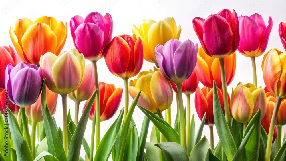 Brightly colored tulips in full bloom against a crisp white backdrop, showcasing fresh and elegant floral designs that Brightly colored tulips in full bloom against a crisp white backdrop, showcasing fresh and elegant floral designs that