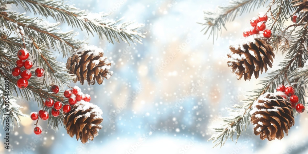 Snow-covered pine cones and red berries decoration. Close-up of snow-covered pine cones and red berries, evoking a festive, natural Christmas setting with a soft, snowy background. Snow-covered pine cones and red berries decoration. Close-up of snow-covered pine cones and red berries, evoking a festive, natural Christmas setting with a soft, snowy background.