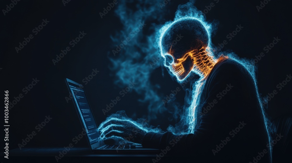 Digital skeleton working on a laptop with glowing effects in dark background