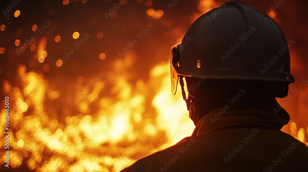 Firefighter observing a wildfire, intense flames in the background. Firefighter observing a wildfire, intense flames in the background.