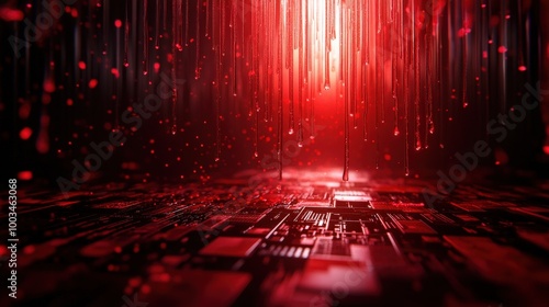 Futuristic digital landscape with red glowing lines and circuit patterns.