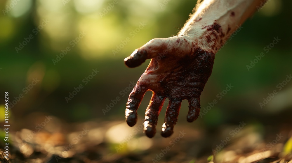 Hand with dirt and blood, reaching out, soft focus background. Hand with dirt and blood, reaching out, soft focus background.