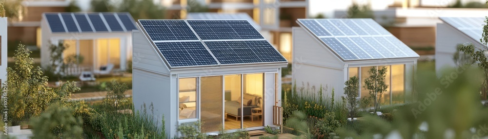 Fototapeta premium Solar-powered modular home community with shared green spaces, Modular eco-home community, low-impact living design