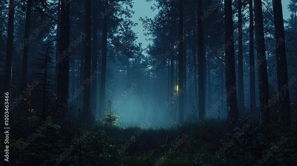 Fototapeta premium A Mystical Path Through a Foggy Forest at Dusk