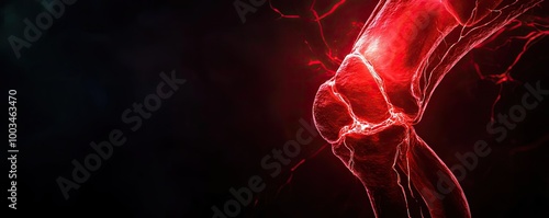 A close-up image of a knee joint illuminated with red light against a dark background, highlighting anatomical details and tension.