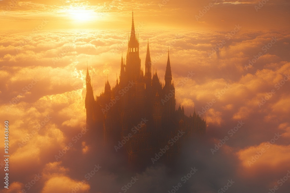 Fototapeta premium Majestic Castle Above the Clouds at Sunset