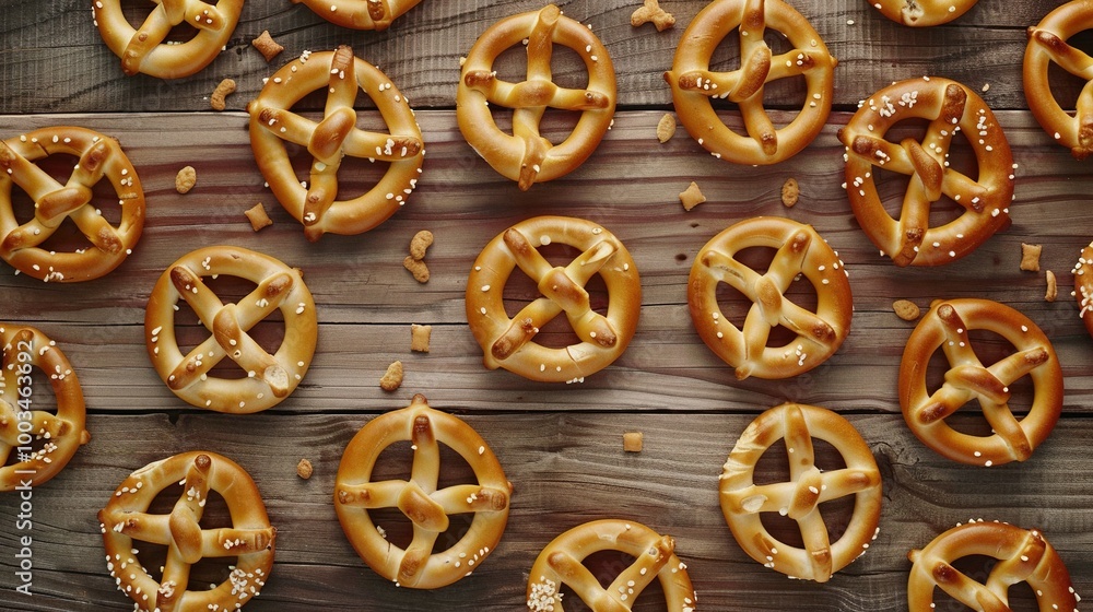 Fototapeta premium Pretzel Crackers and Salty Sticks: A Delicious Spread on a Wooden Table, Flat Lay