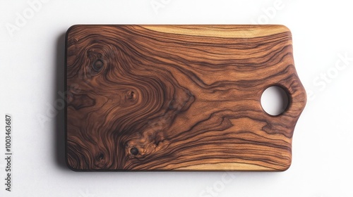 A dark wooden cutting board with a handle and a hole for hanging. photo