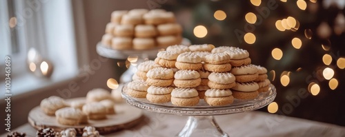 A beautiful display of festive cookies on elegant stands, perfect for holiday gatherings and celebrations.