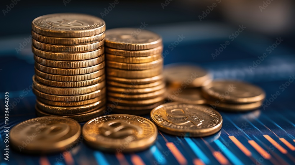 Stack of coins on financial chart background. Stack of golden coins sits on a blurred financial chart background, symbolizing growth in investments and economic wealth. Stack of coins on financial chart background. Stack of golden coins sits on a blurred financial chart background, symbolizing growth in investments and economic wealth.