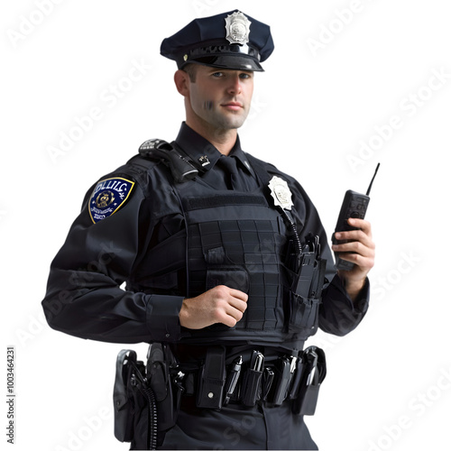 Police Officer in Uniform Holding Radio