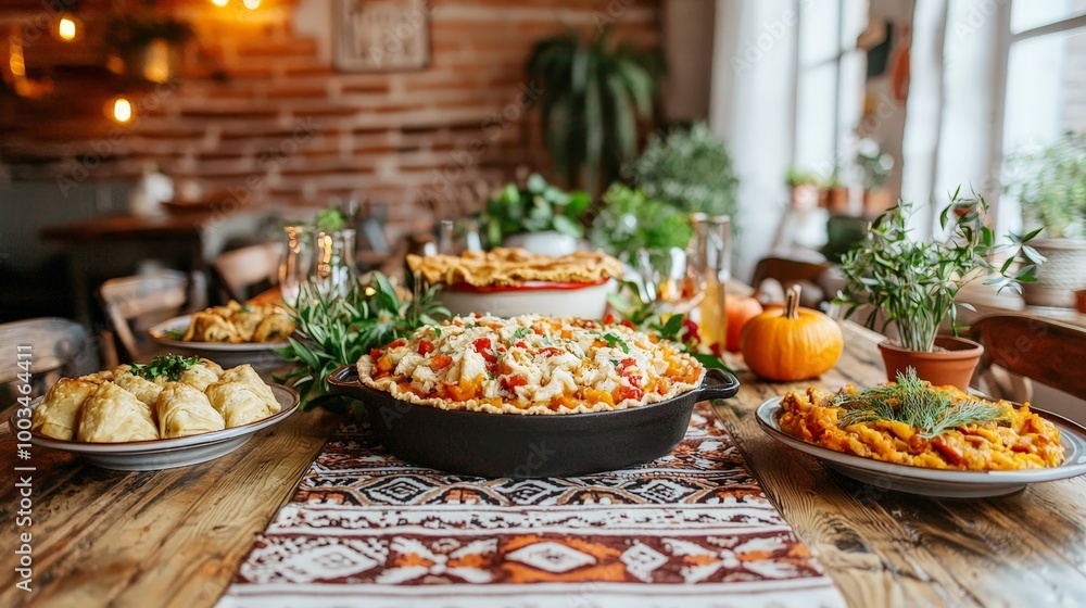 A cozy dining table set with various delicious dishes, creating a warm, inviting atmosphere. A cozy dining table set with various delicious dishes, creating a warm, inviting atmosphere.