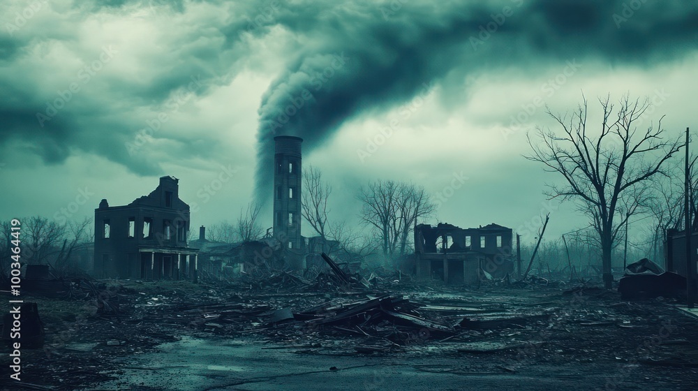 A desolate, post-apocalyptic cityscape with a single smoke stack belching thick black smoke into the overcast sky. A desolate, post-apocalyptic cityscape with a single smoke stack belching thick black smoke into the overcast sky.