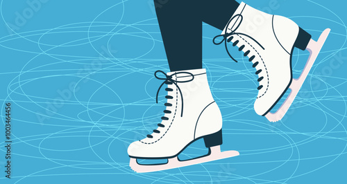 Skating on rink vector illustration. Winter sport background with space for text. White skates cartoon illustration