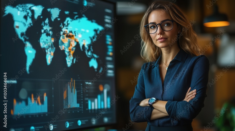 Businesswoman stands confidently in front of a large screen showing global maps and financial data, symbolizing global market analysis and leadership. Businesswoman stands confidently in front of a large screen showing global maps and financial data, symbolizing global market analysis and leadership.