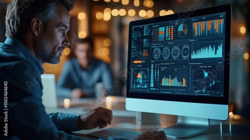 Businessman intently studies data visualizations and financial charts on a computer screen, representing data analysis, business strategy, and decision-making.