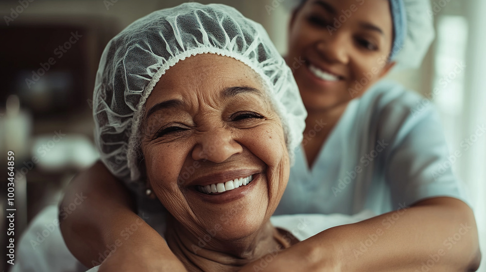 Happy senior woman with healthcare worker Happy senior woman with healthcare worker