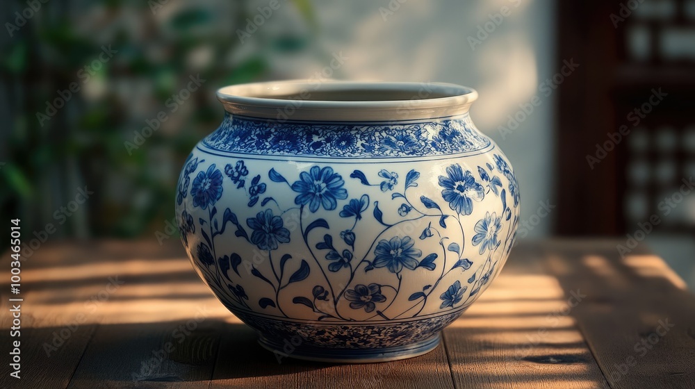 Beautiful Chinese flowerpot with traditional blue and white patterns, showcasing delicate floral designs and rich detail. Beautiful Chinese flowerpot with traditional blue and white patterns, showcasing delicate floral designs and rich detail.