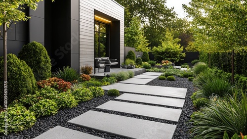 Stylish garden pathway with modern landscaping and greenery in a serene outdoor setting. photo