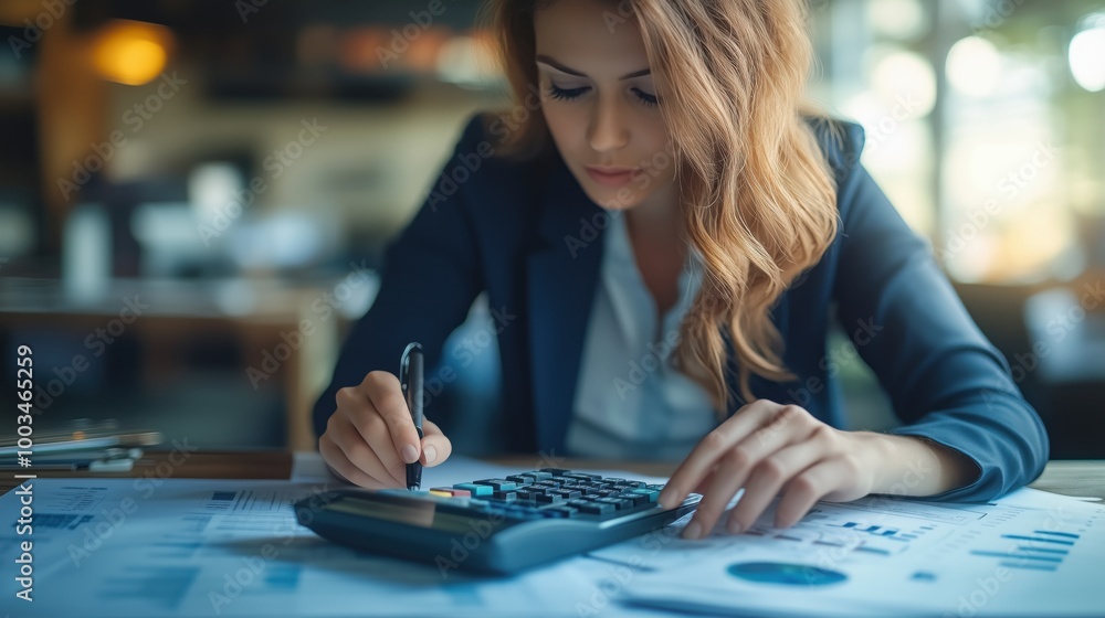Woman reviewing financial documents and calculations. Woman at her desk reviews financial documents with a calculator, concentrating on accounting, budget planning, and business financial analysis. Woman reviewing financial documents and calculations. Woman at her desk reviews financial documents with a calculator, concentrating on accounting, budget planning, and business financial analysis.