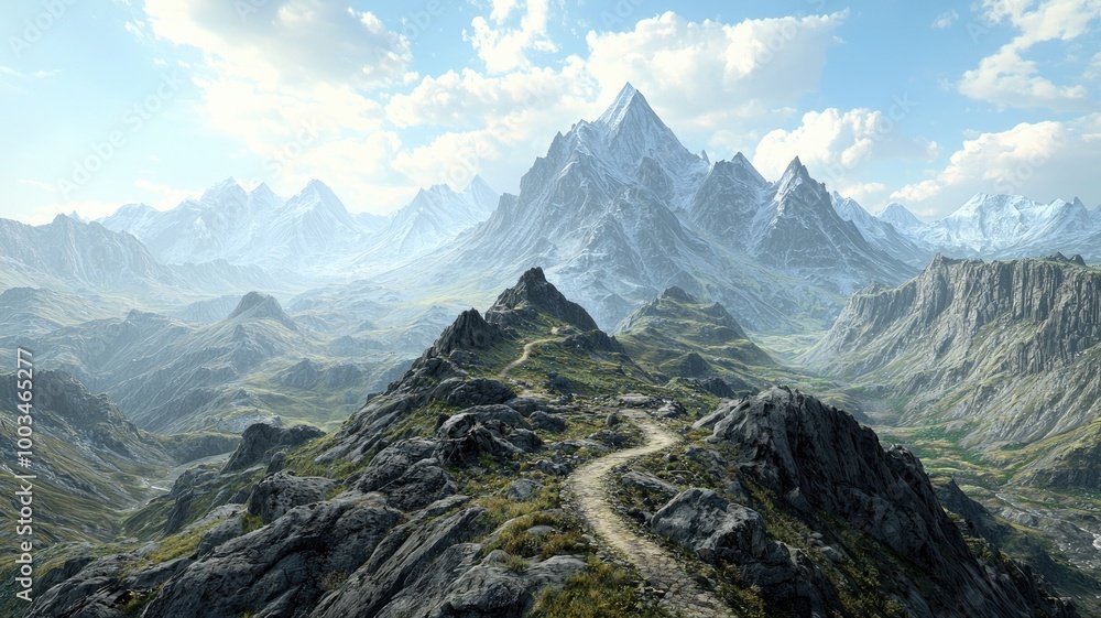 A winding path ascends a rocky mountain peak overlooking a vast, snow-capped mountain range.