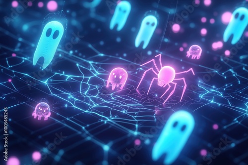 This futuristic digital art scene features neon holographic creatures, including a glowing spider and floating ghosts. Set within a virtual web of interconnected grids and lights  photo