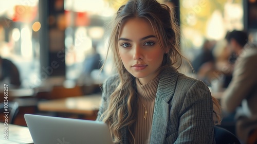 Young businesswoman working on laptop at café. Young businesswoman sits in a cozy café, focused on working on her laptop. The environment is casual yet professional, blending work and lifestyle.