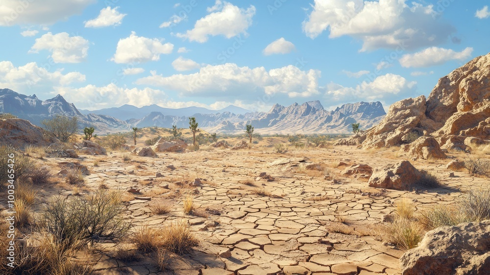 Naklejka premium Arid Desert Landscape with Cracked Earth and Distant Mountains