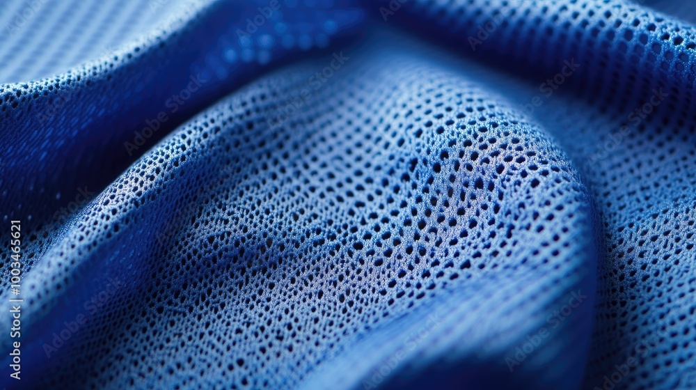 Blue sports jersey fabric in a detailed close-up, showing its texture and stitching against a clean background. Blue sports jersey fabric in a detailed close-up, showing its texture and stitching against a clean background.