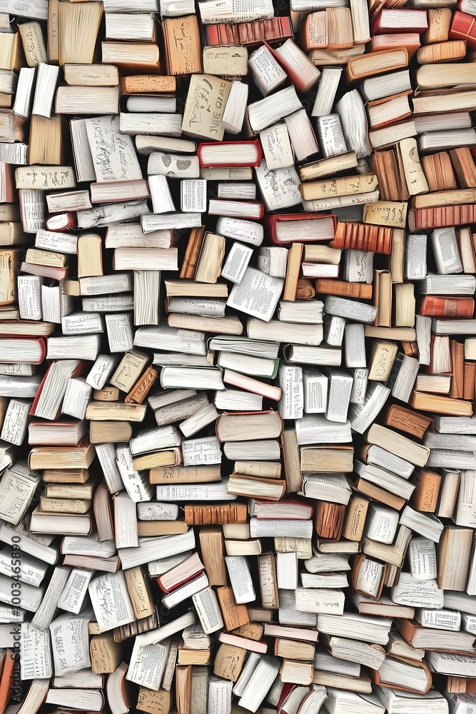 Aerial view of a large collection of closed books stacked haphazardly in various orientations. Aerial view of a large collection of closed books stacked haphazardly in various orientations.