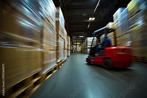 A red forklift drives down a warehouse aisle with rows of stacked pallets on each side, a motion blur effect for a sense of speed and industry. photo