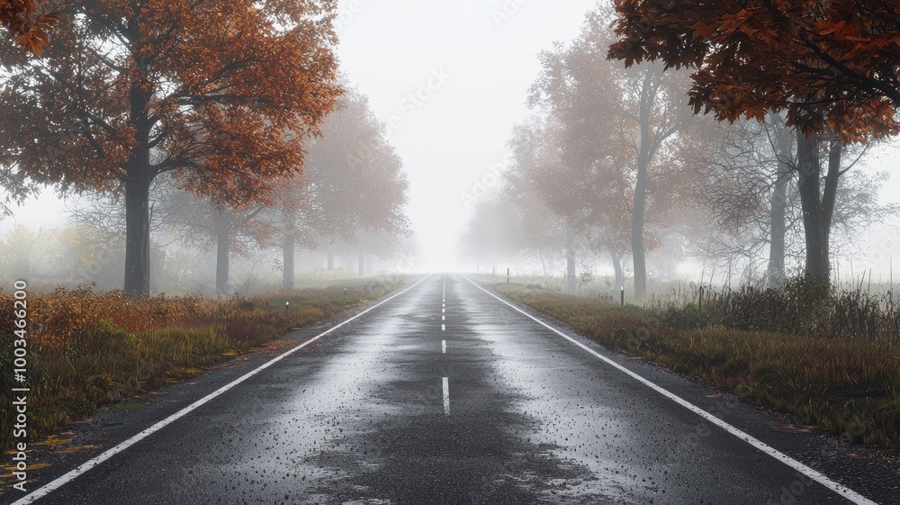 Empty Road Through Misty Autumn Woods Empty Road Through Misty Autumn Woods