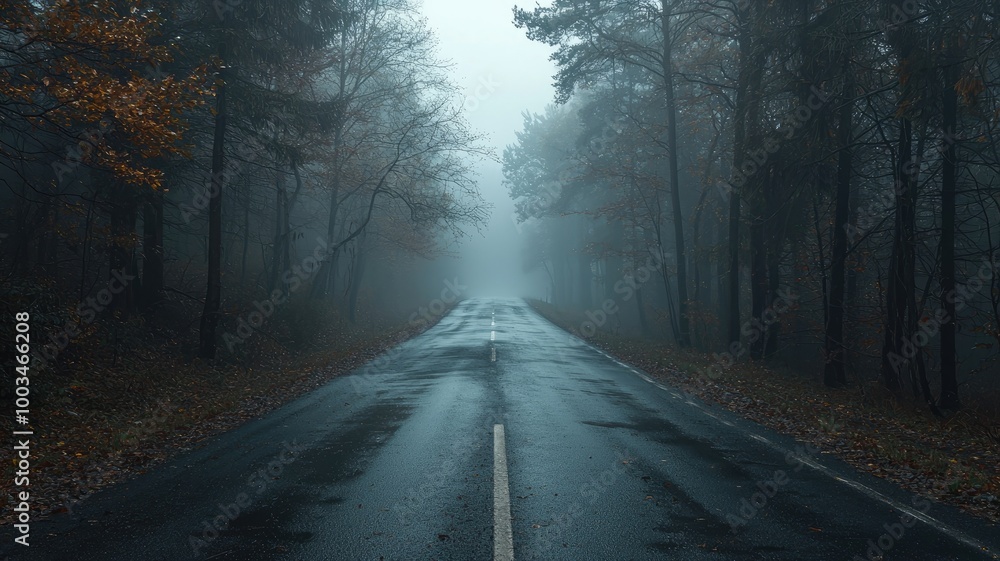 A Foggy Road Winding Through a Mysterious Forest A Foggy Road Winding Through a Mysterious Forest