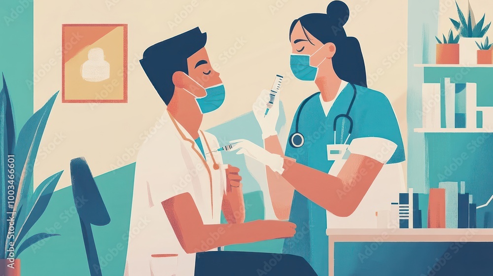A doctor injects a patient with a vaccine. A doctor injects a patient with a vaccine.